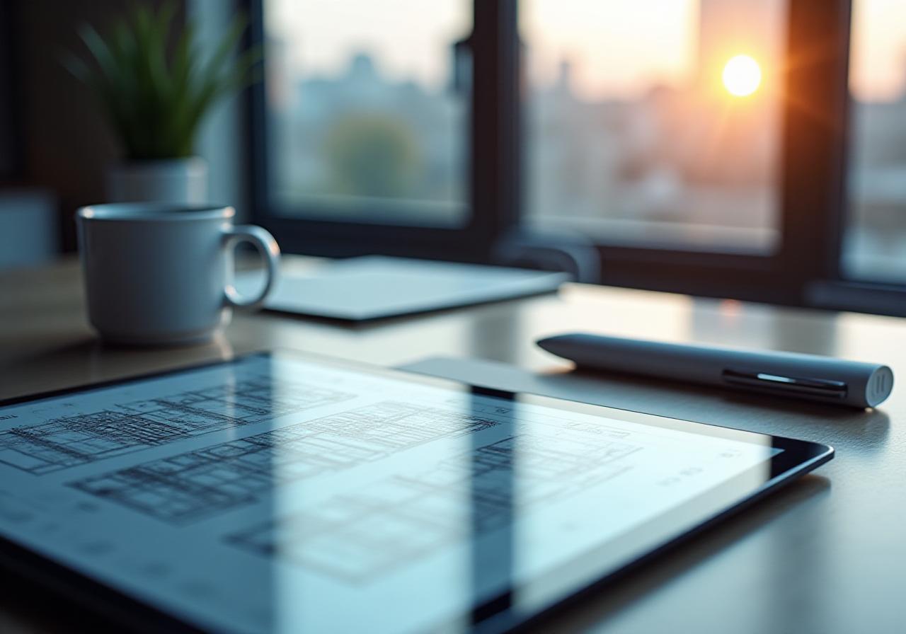 Architectural blueprint and digital tablet showing UI systems